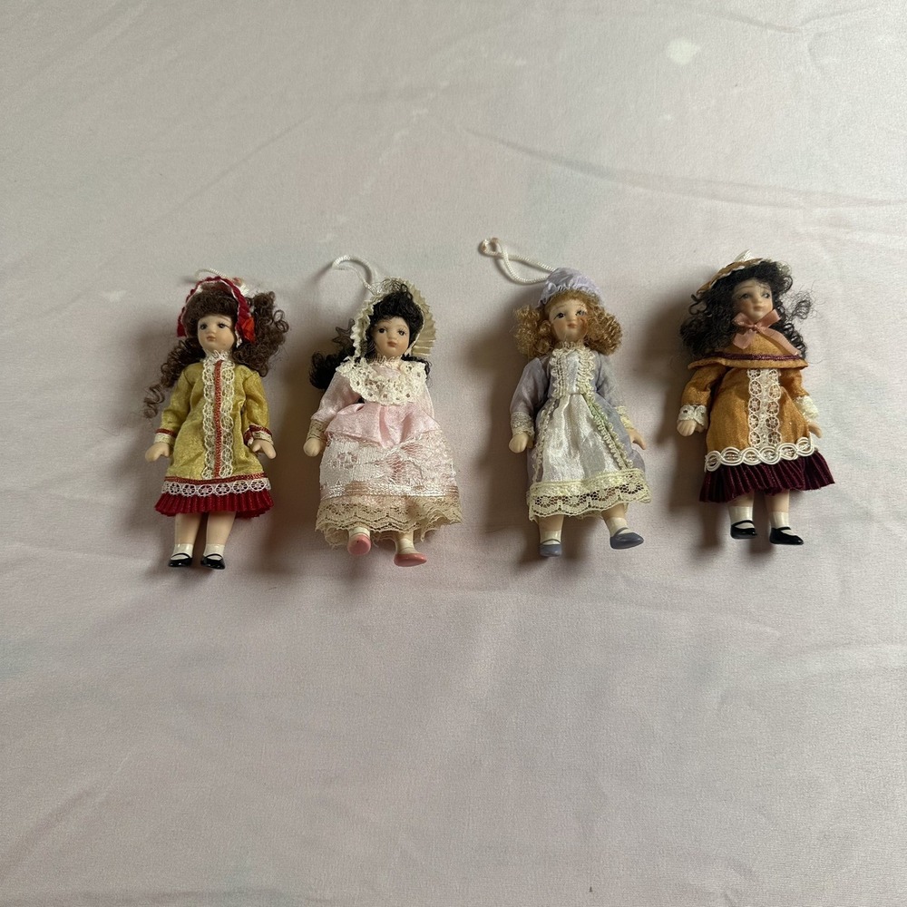 Lot of 4 Porcelain Doll Christmas Ornaments 4" Tall Very Detailed Pretty Women